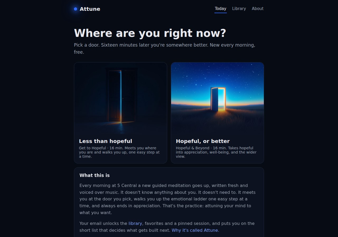 Attune's home page: the question 'Where are you right now?' above two doors, Less than hopeful and Hopeful, or better