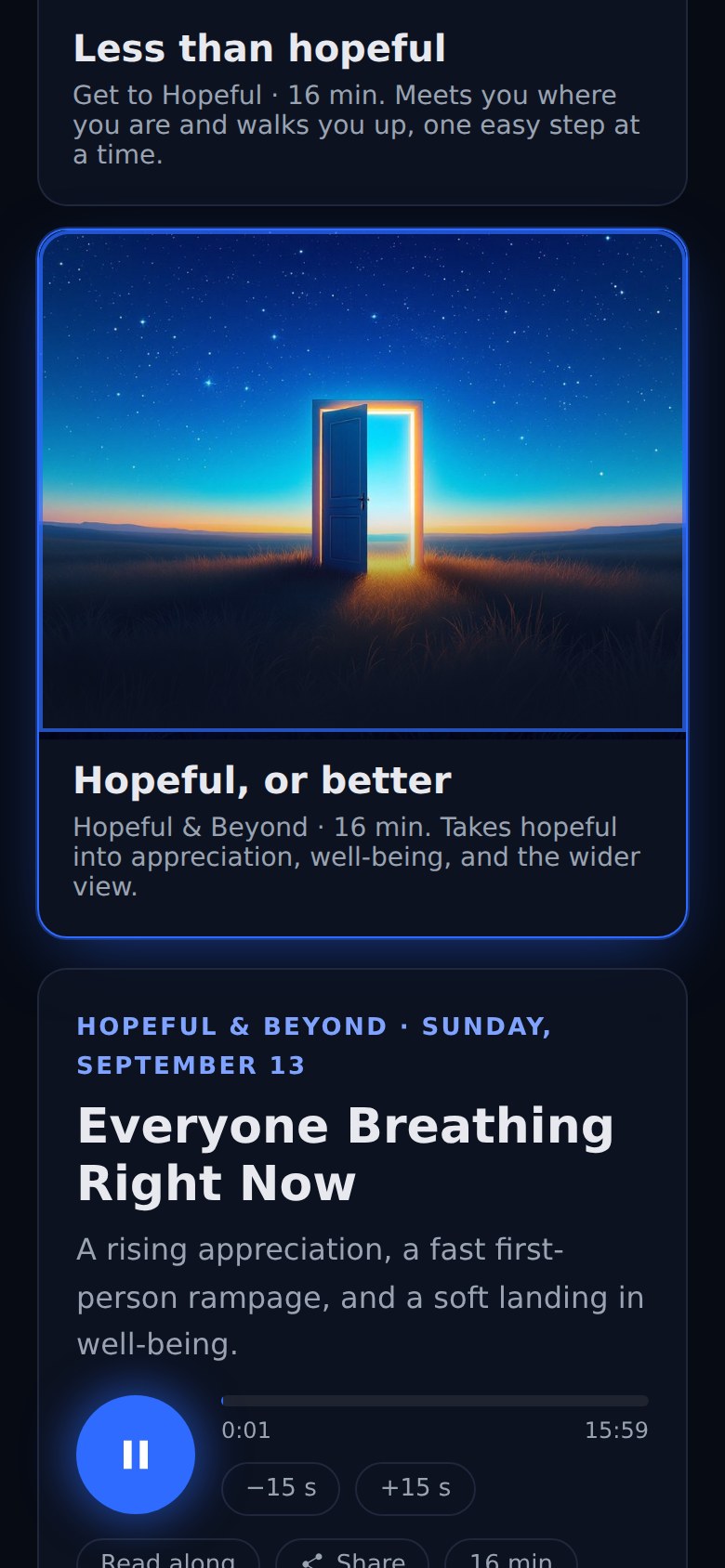 Attune on a phone: the Hopeful, or better door selected and today's Hopeful & Beyond session playing