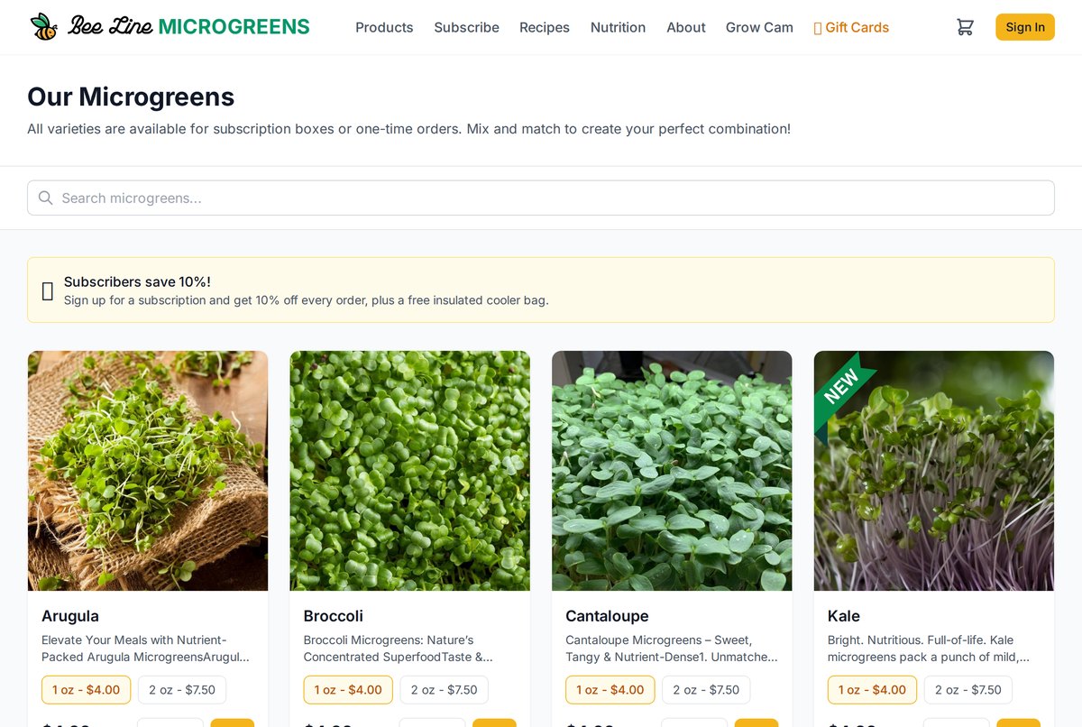 The Bee Line Microgreens product catalog with per-variety pricing