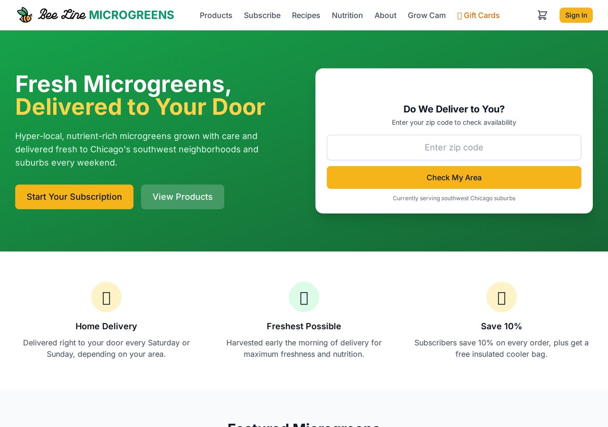 The Bee Line Microgreens storefront with a hero and a delivery zip-code checker