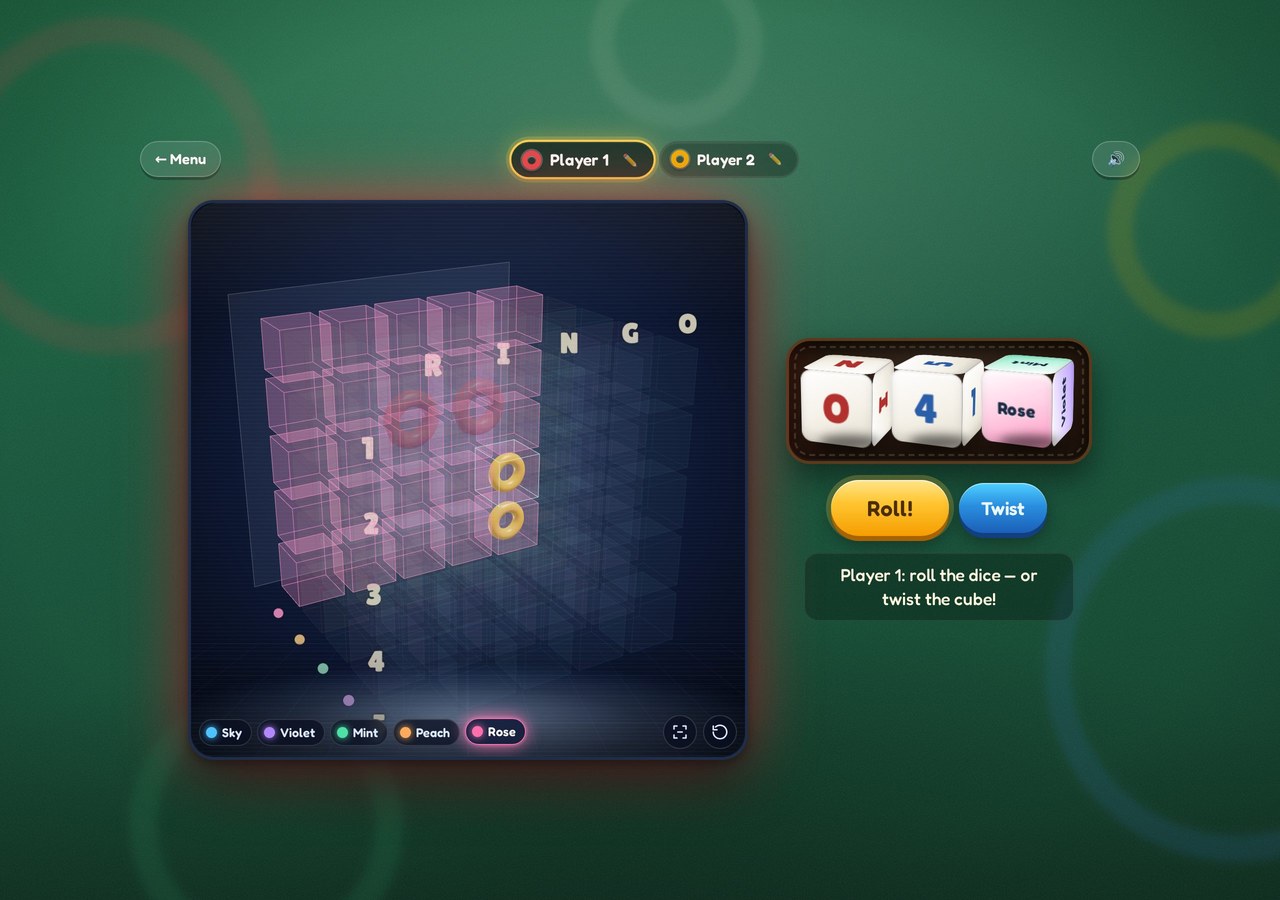 RINGO 3D mid-game: a glass 5×5×5 cube with coloured rings, three dice and the Roll and Twist buttons