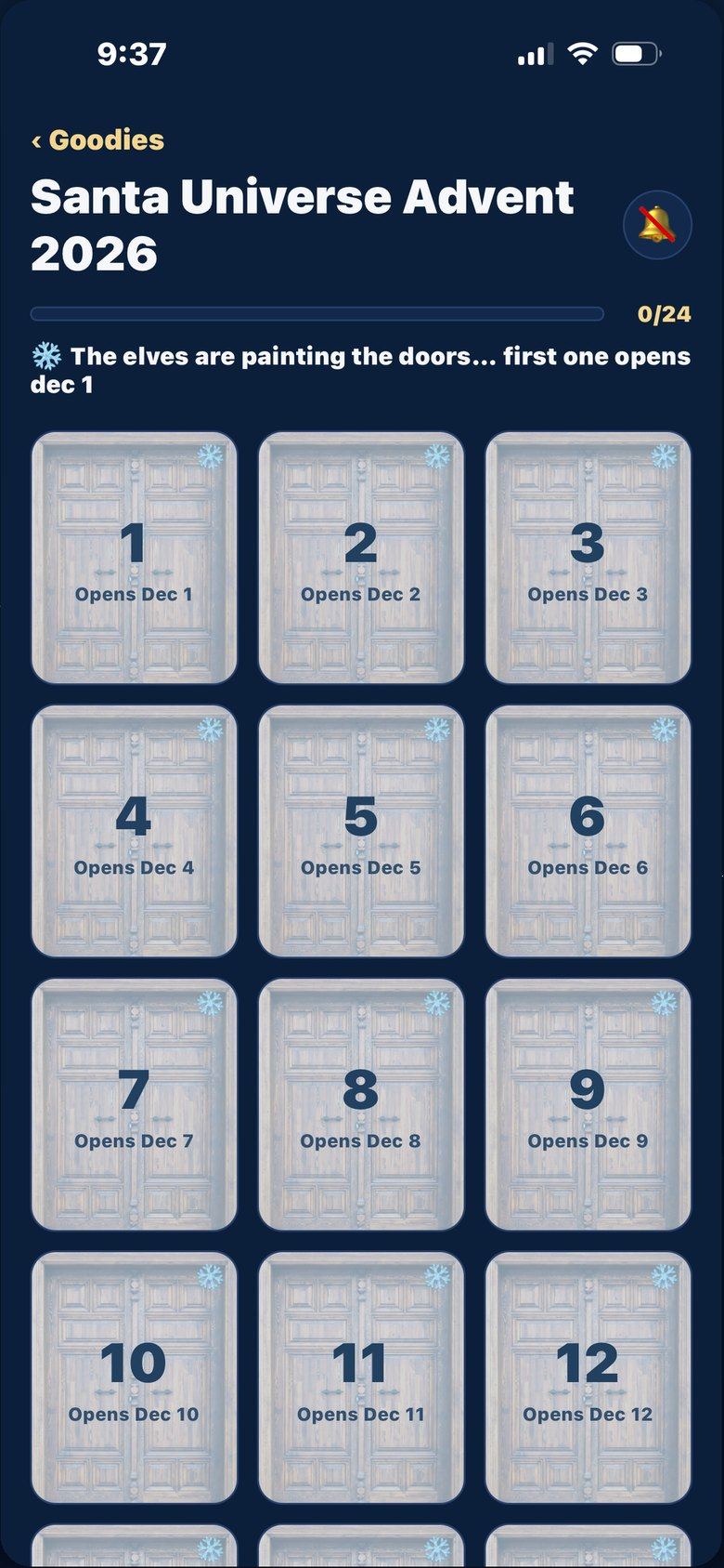 The advent calendar: twenty-four frosted doors, each labelled with the December day it opens