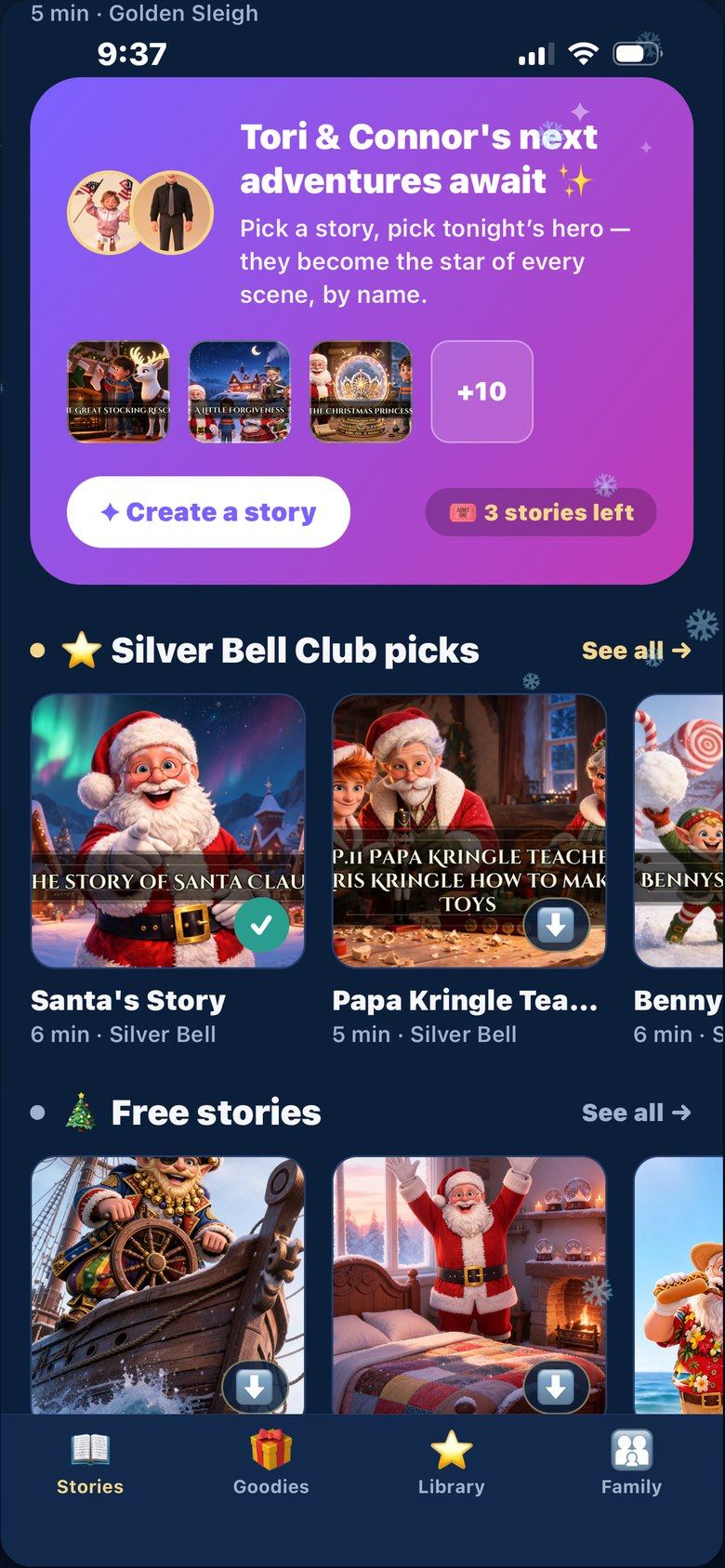 The create screen: pick a story and pick tonight's hero, with the stories-remaining count on the pass