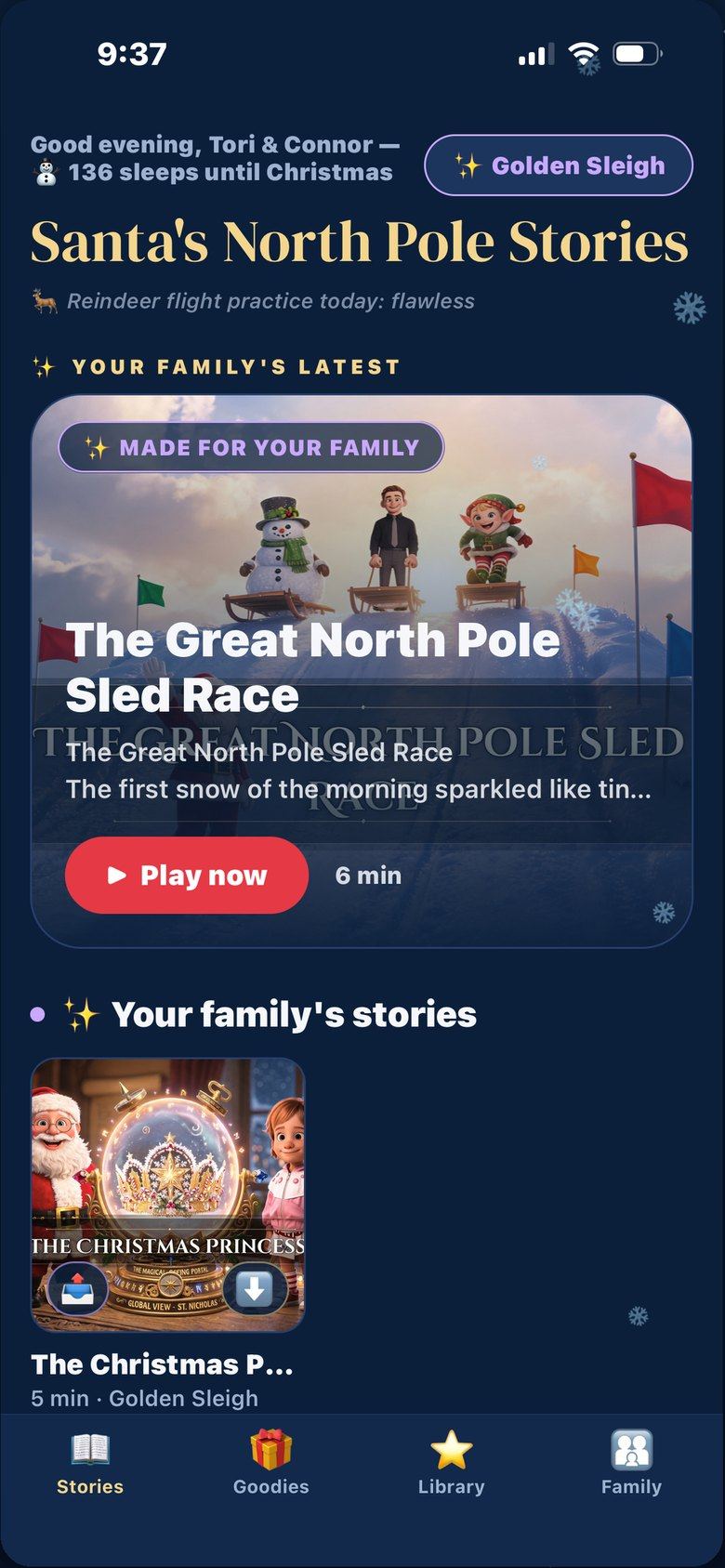 The app's home screen greeting two children by name, with a sleeps-until-Christmas count and tonight's featured story