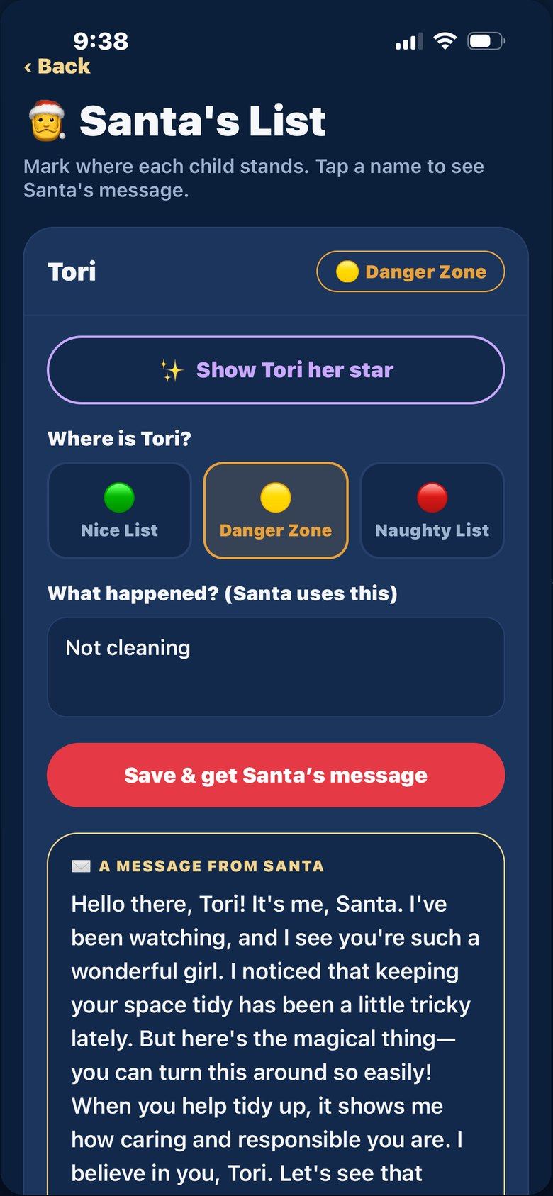 Santa's List: a child marked in the Danger Zone with a personal message recorded from Santa