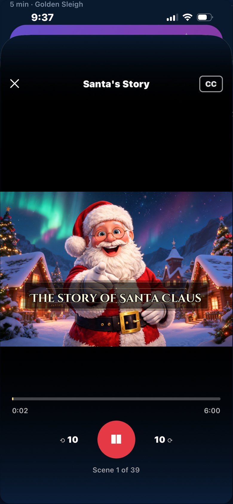 A story playing full screen: an illustrated Santa scene with narration controls and the scene counter