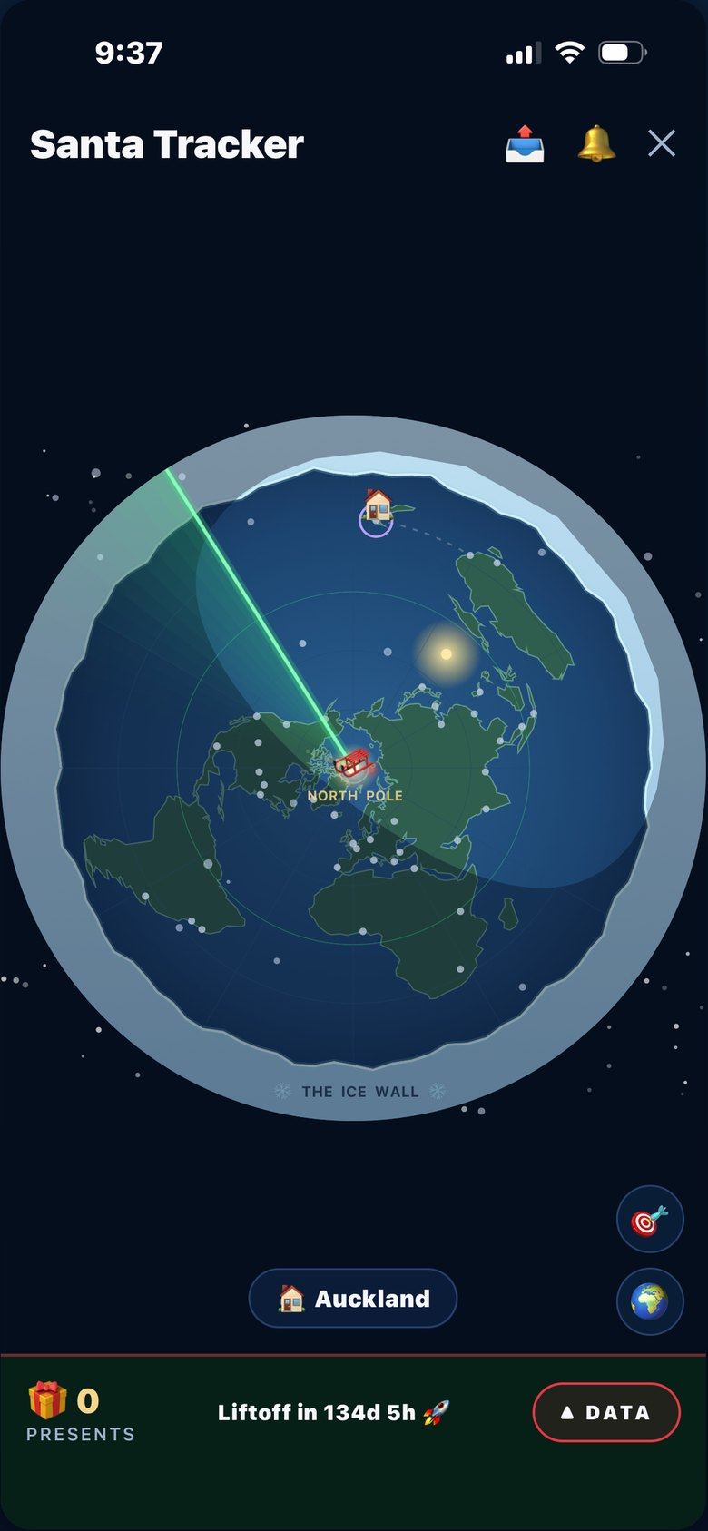 The Santa tracker: the sleigh's path drawn across a globe, with the next city and a liftoff countdown